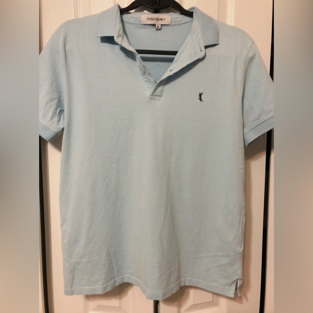 Vintage Mens Yves Saint Laurent Baby Blue Polo Small